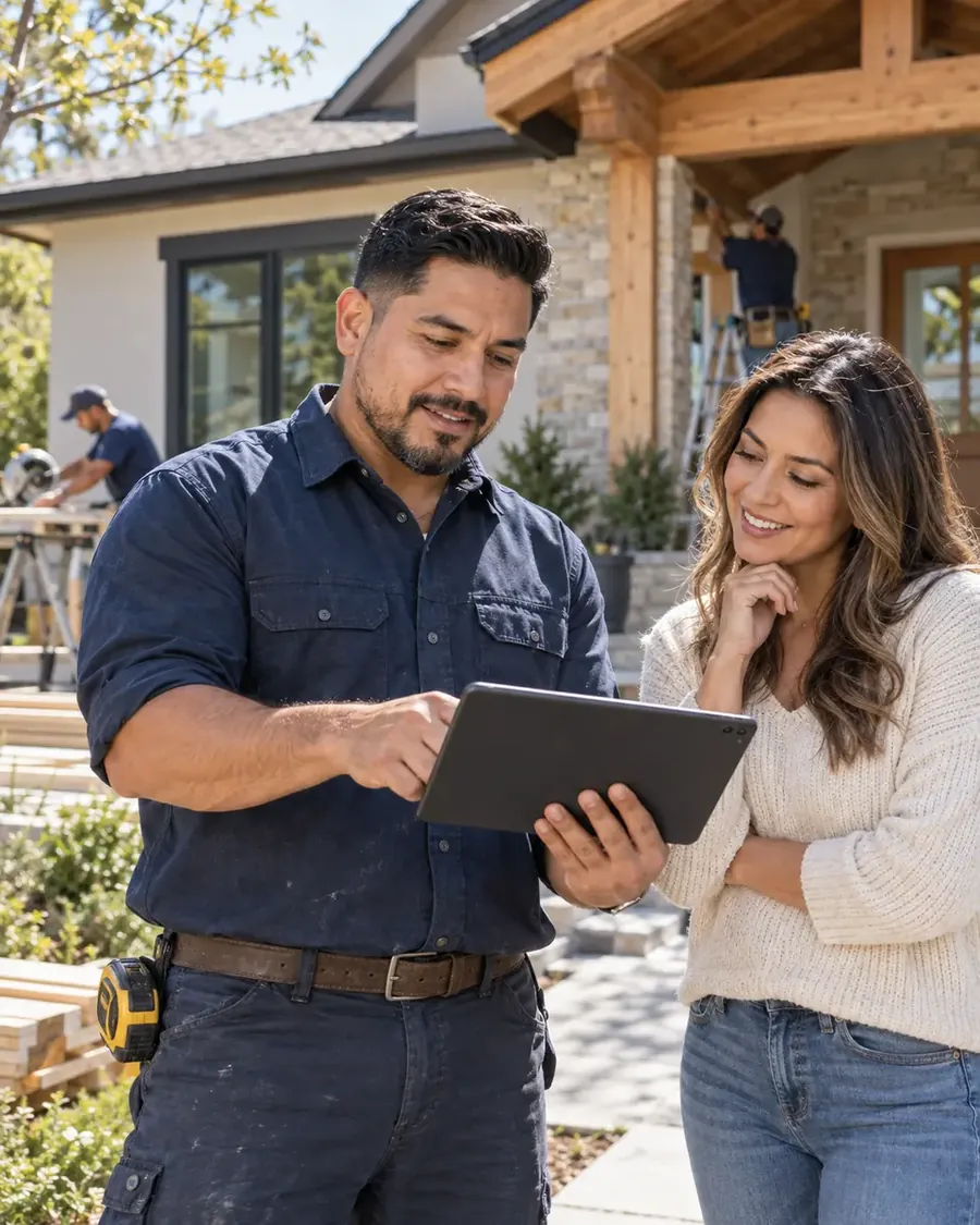 Contractor reviewing project details with a homeowner on a tablet